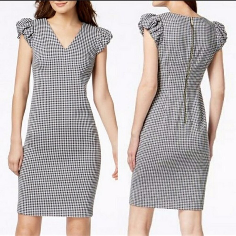 Cavin Klein Gingham Ruffle Puff Sleeve Black & White Vneck Midi Dress 14